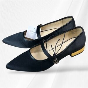 Liz Claiborne Black Satin Pointed Toe Mary Jane Flats with Gold Heel Memory 8.5